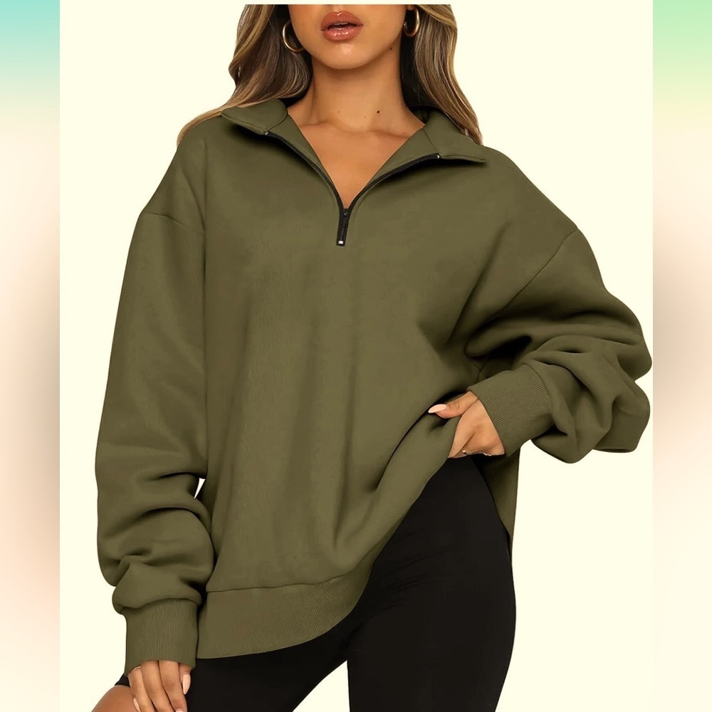 Women’s Army Green Quarter Zip Sweatshirt-Size L